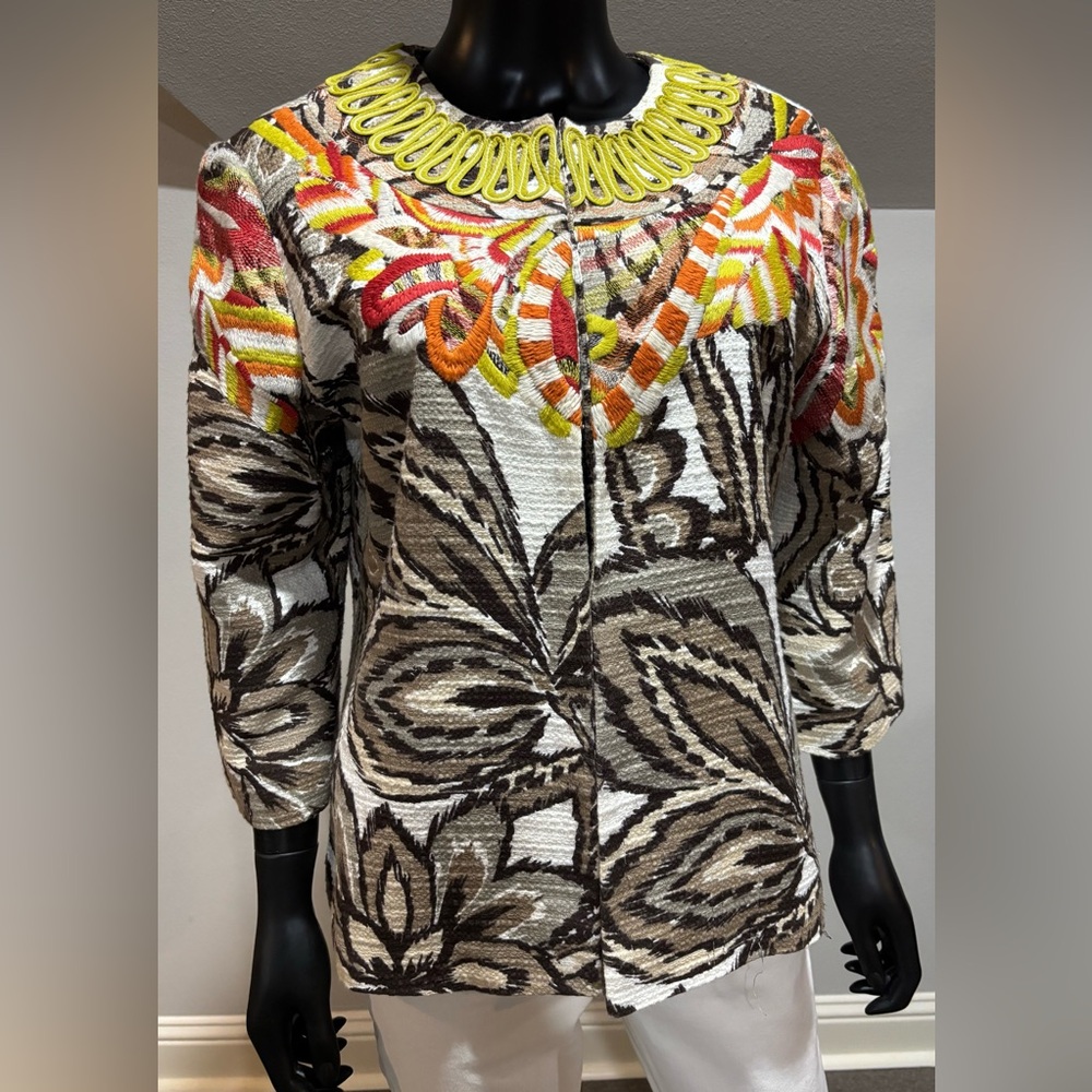 Chico's Floral Print with Colorful Embroider Blazer Jacket 3/4 Sleeve Size 3 12